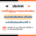 ประกาศ รายชื่อนักเรียนที่ผ่านการสอบคัดเลือกเข้าศึกษาต่อระดับชั้นมัธยมศึกษาปีที่ 4 ประเภทห้องเรียนโคร…